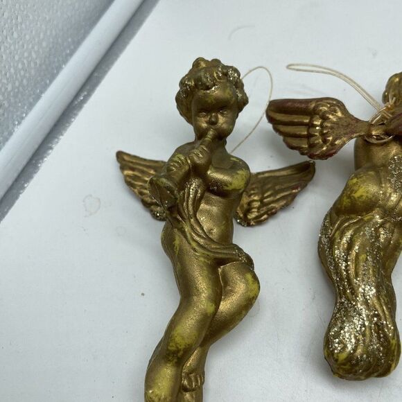 Vintage Cherub Gold Angel Ornaments Set of 8 Playing Instruments Painted Plastic - Picture 6 of 12